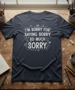 I'M SORRY FOR SAYING SORRY SO MUCH SORRY T-Shirt with white whimsical typography and heart graphics