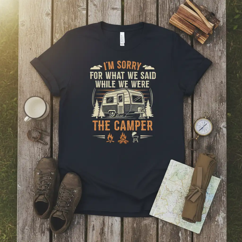 I'm Sorry For What We Said While We Were The Camper t-shirt design with vintage camper and outdoor graphics