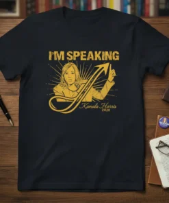 I'm Speaking Kamala Harris 2020 political t-shirt design featuring a portrait of Kamala Harris and an upward trending arrow graphic