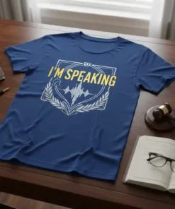 Blue t-shirt with yellow text "I'M SPEAKING" inside a silver emblem featuring a sound wave and laurel leaves, representing legal