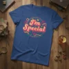 I'm Special quote t-shirt with a crown graphic and decorative swirls in pink, gold, and teal colors