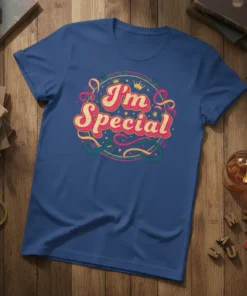 I'm Special quote t-shirt with a crown graphic and decorative swirls in pink, gold, and teal colors