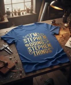 Blue t-shirt with gold text "I'M STEPHEN DOING STEPHEN THINGS" featuring gear and wrench graphics, Stephen name gift