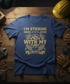 Blue t-shirt with gold text "I'm Sticking With My Solidarity" featuring a fist and gear graphic, symbolizing labor pride