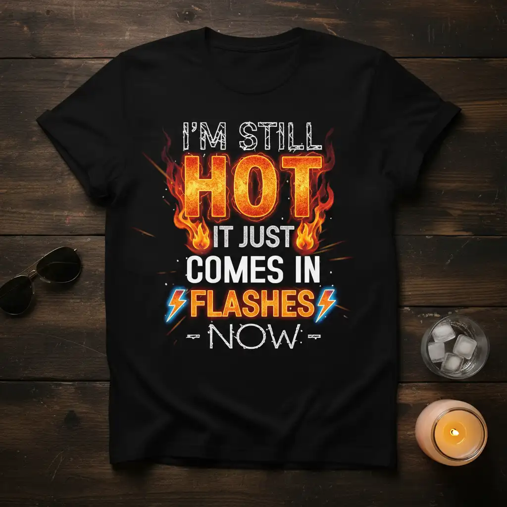 I'm Still Hot It Just Comes In Flashes Now quote with flames and lightning bolt graphics on a black tee