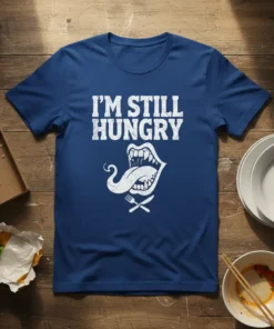 I'm Still Hungry distressed white text on a navy blue t-shirt with a graphic of a wide open mouth with