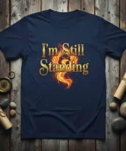 I'm Still Standing quote with a fiery phoenix graphic on a navy blue t-shirt