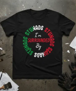 T-shirt with "I'm SURROUNDED By STUNADS" in circular text, featuring Italian flag colors green, red, and white