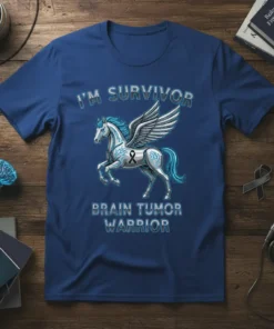 I'm Survivor Brain Tumor Warrior text with a winged horse and black awareness ribbon on a blue t-shirt