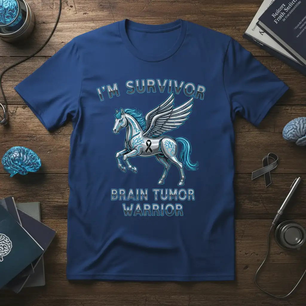 I'm Survivor Brain Tumor Warrior quote with a winged horse graphic on a blue t-shirt, symbolizing strength and awareness