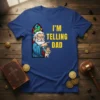 I'm Telling Dad quote t-shirt featuring God pointing and an angel whispering, with stained glass detail
