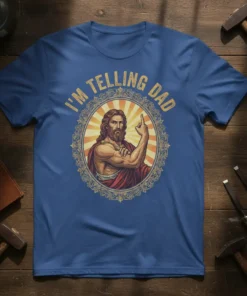 T-shirt with "I'm Telling Dad" text and Jesus graphic giving a thumbs up, humorous father gift