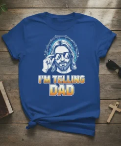 I'm Telling Dad t-shirt with Jesus wearing sunglasses and halo graphic, featuring bold text