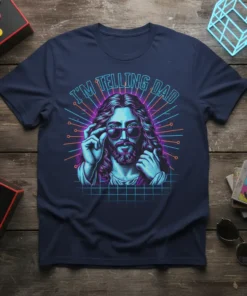 I'm Telling Dad retro Jesus graphic t-shirt with sunglasses and neon grid background