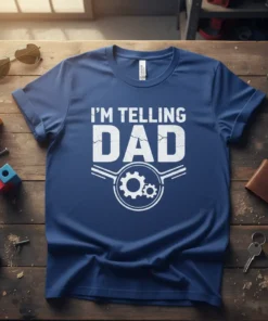 I'm Telling Dad t-shirt with distressed white typography and gear graphic, featuring the primary keyword