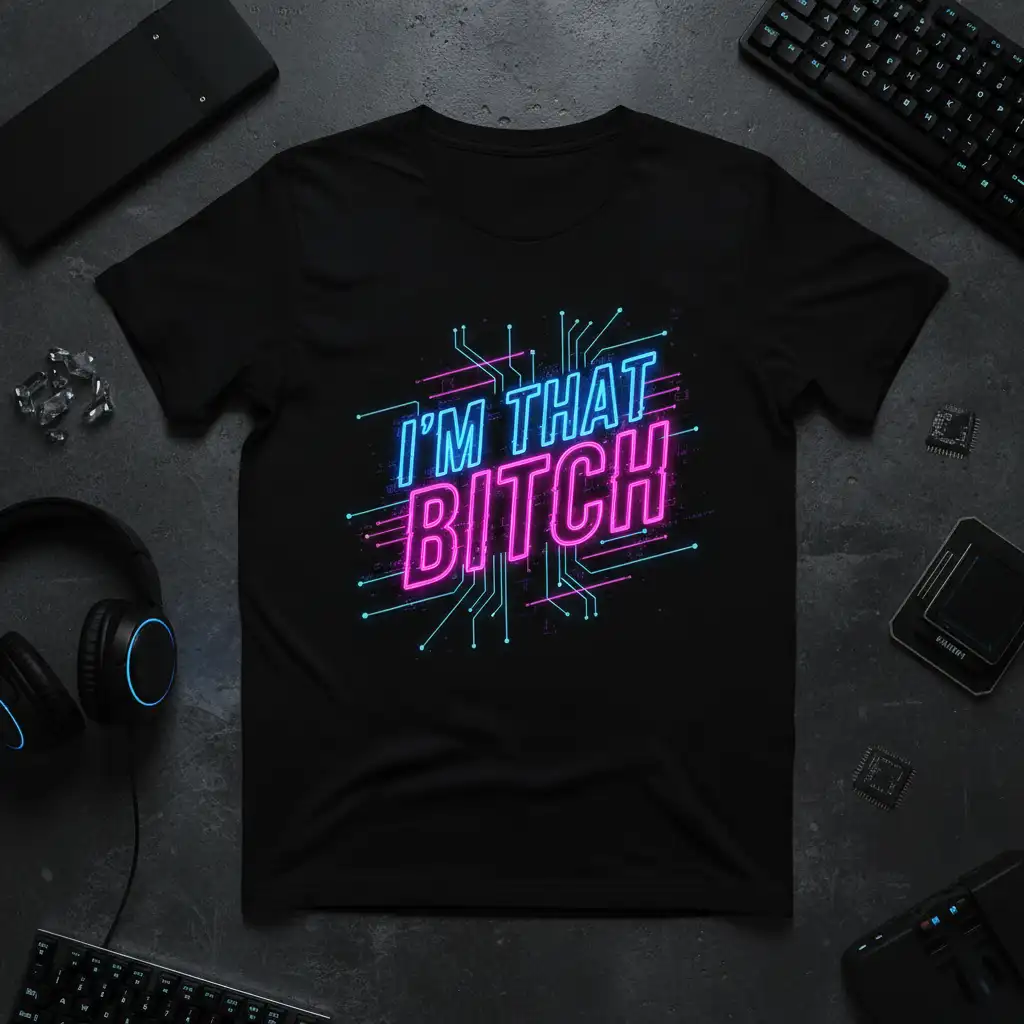 I'm That Bitch bold neon text graphic with circuit board design on a black tee