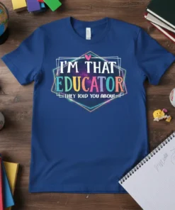 I'm That Educator They Told You About quote on a royal blue t-shirt with colorful, galaxy-inspired text