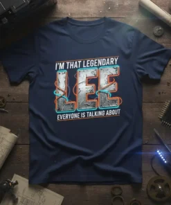 Navy t-shirt with bold metallic text "I'M THAT LEGENDARY LEE EVERYONE IS TALKING ABOUT" with neon accents