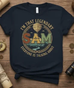 I'M THAT LEGENDARY SAM EVERYONE IS TALKING ABOUT text with hot air balloon and mountains graphic on a navy t-shirt