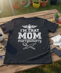 Black t-shirt with white distressed text "I'M THAT MOM #sorrynotsorry" and graphics of a spoon and rolling pin