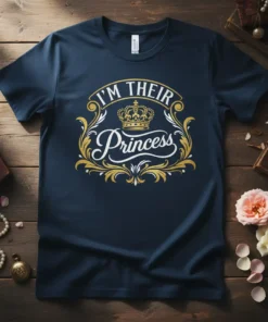 I'm Their Princess t-shirt design with a golden crown and ornate scrollwork, navy blue tee