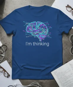 I'm Thinking t-shirt with a neon circuit board brain graphic