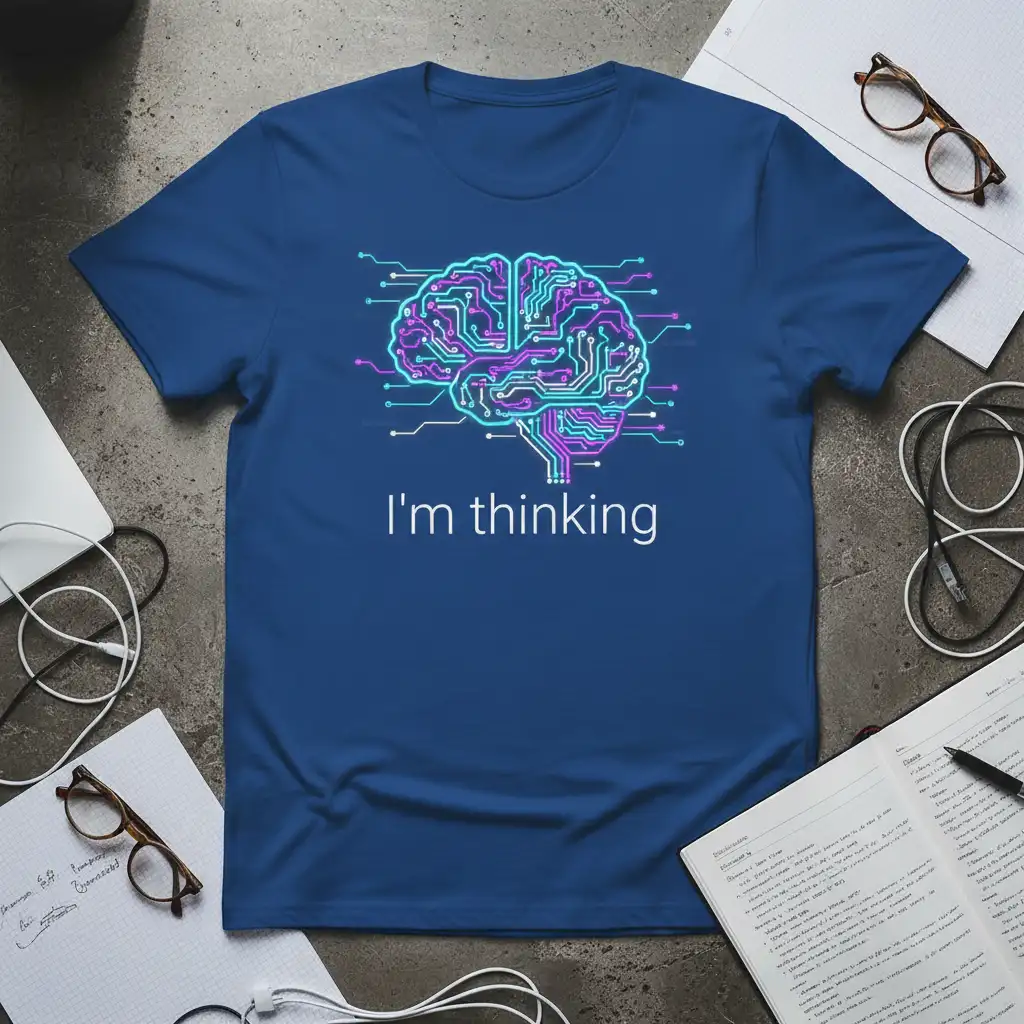 I'm Thinking quote with a neon circuit board brain graphic on a blue t-shirt