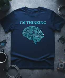 Navy blue t-shirt with "I'M THINKING" text above a glowing blue circuit board brain graphic
