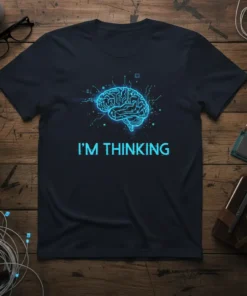 I'M THINKING t-shirt with a glowing blue circuit board brain graphic above the text