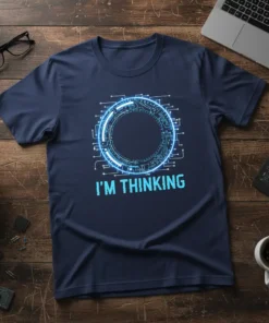 I'M THINKING t-shirt with a blue glowing circular circuit board design