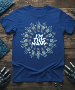 I'm This Many text with robotic hands design on a blue t-shirt, featuring circular mechanical hand graphics with glowing blue