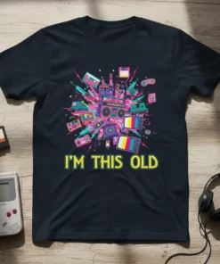 I'm This Old t-shirt with retro 80s and 90s technology collage design, vibrant colors, and bold yellow text