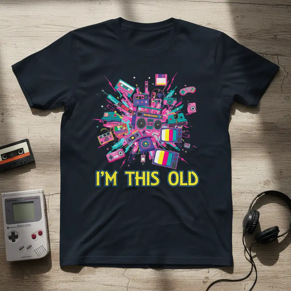 I'm This Old quote in yellow text on a dark t-shirt surrounded by a colorful explosion of 80s and 90s retro tech
