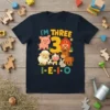 I'm Three 3rd Birthday Farm Animals tee for kids featuring a pig, sheep, cow, horse, rabbit, barn, and the number