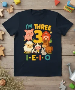 I'm Three 3rd Birthday Farm Animals tee for kids featuring a pig, sheep, cow, horse, rabbit, barn, and the number