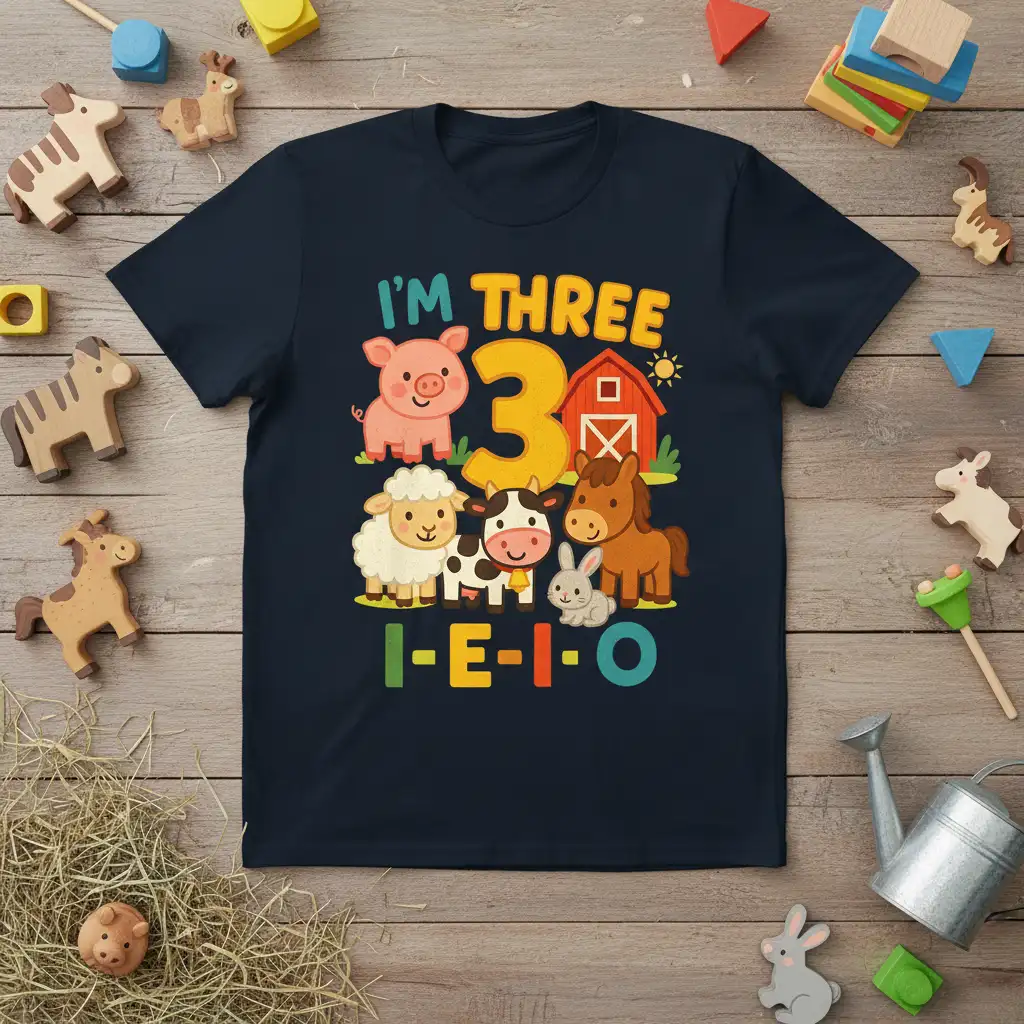 Cute I'm Three 3rd Birthday Farm Animals tee with pig, sheep, cow, horse, rabbit, barn, and number 3 design