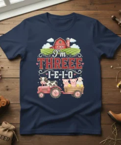 I'm THREE I-E-I-O farm-themed 3rd birthday t-shirt with tractor and barnyard animals design
