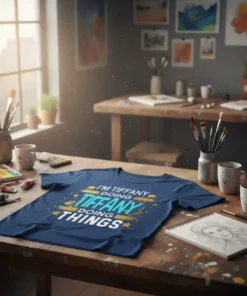 Blue t-shirt with "I'M TIFFANY DOING TIFFANY DOING THINGS" text in white, gold, and blue glittery font