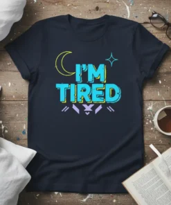 Navy t-shirt with "I'M TIRED" text in bold blue and yellow letters, featuring a crescent moon and star graphic