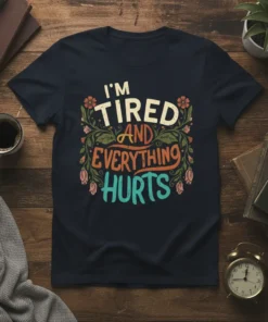 I'm Tired And Everything Hurts quote with floral accents on a navy t-shirt, humorous fatigue design