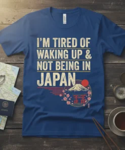 T-shirt with "I'm Tired of Waking Up Not Being in Japan" quote and Japanese scenery graphic