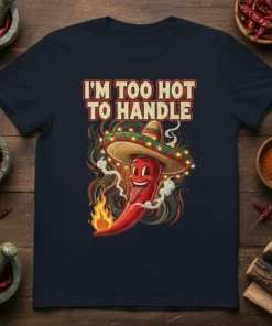 I'm Too Hot To Handle text with a cartoon chili pepper wearing a sombrero and surrounded by flames, on a
