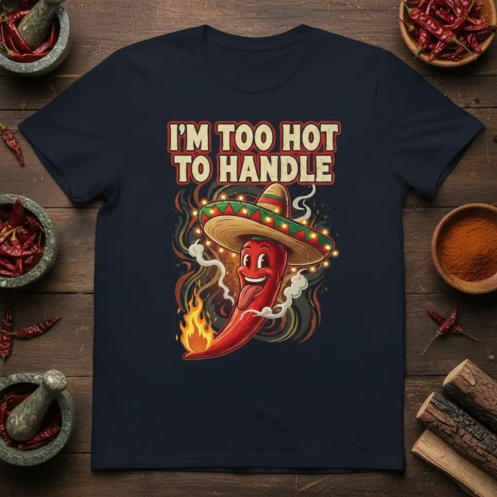 I'm Too Hot To Handle quote with a grinning cartoon chili pepper wearing a festive sombrero and flames graphic