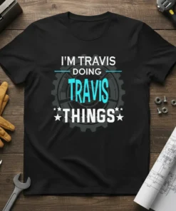 Black t-shirt with white and turquoise text reading "I'M TRAVIS DOING TRAVIS THINGS" inside a gear graphic