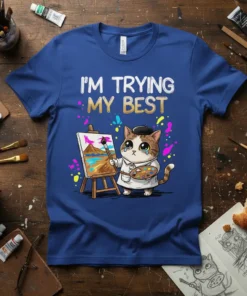 I'm Trying My Best t-shirt with a cute cartoon cat dressed as an artist painting on an easel