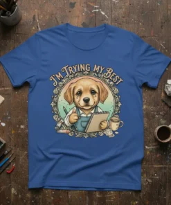 Golden retriever puppy wearing overalls, giving a thumbs up while holding a clipboard and pencil, with "I'm Trying My Best"