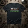 I'm Ugly On The Inside Too humorous quote t-shirt with zipper graphic. White and orange distressed text on black tee