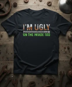 I'm Ugly On The Inside Too humorous quote t-shirt with zipper graphic. White and orange distressed text on black tee
