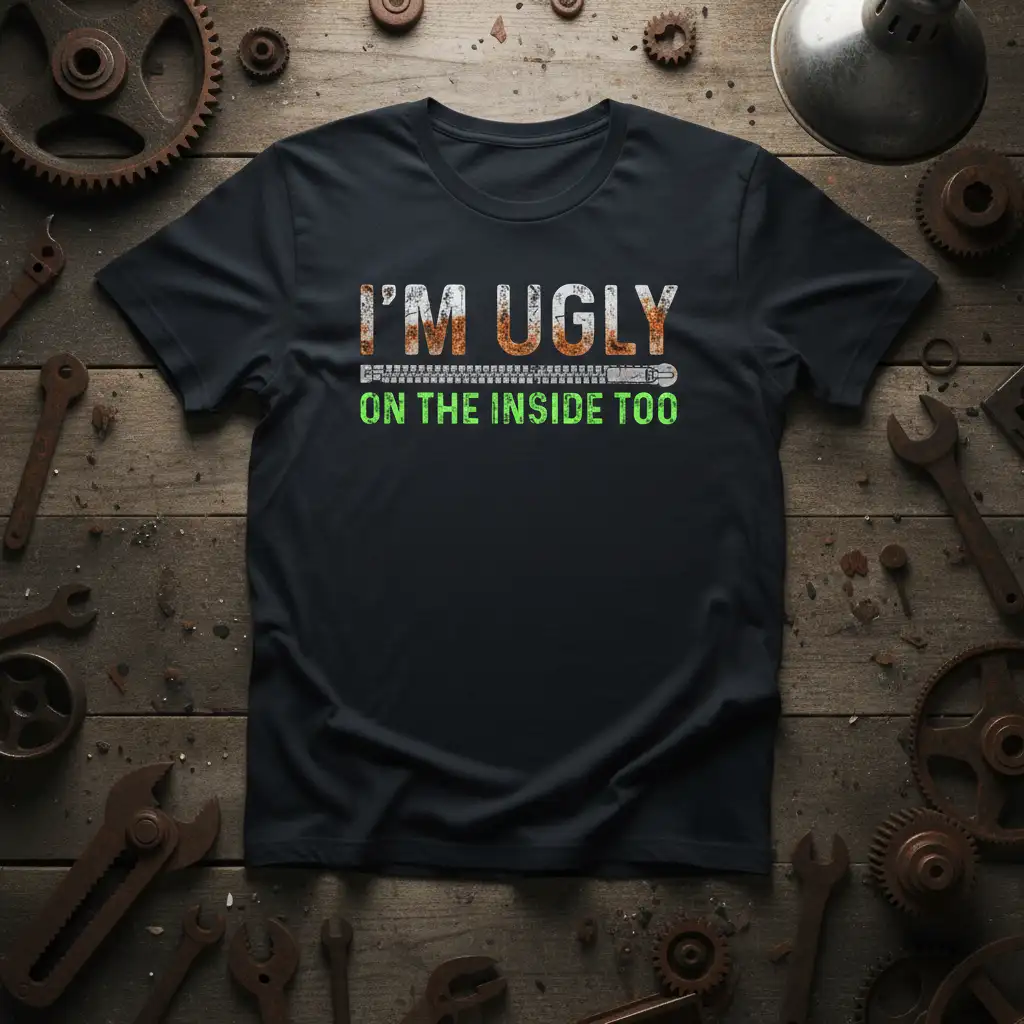 I'm Ugly On The Inside Too humorous quote with distressed typography and zipper graphic on a black t-shirt