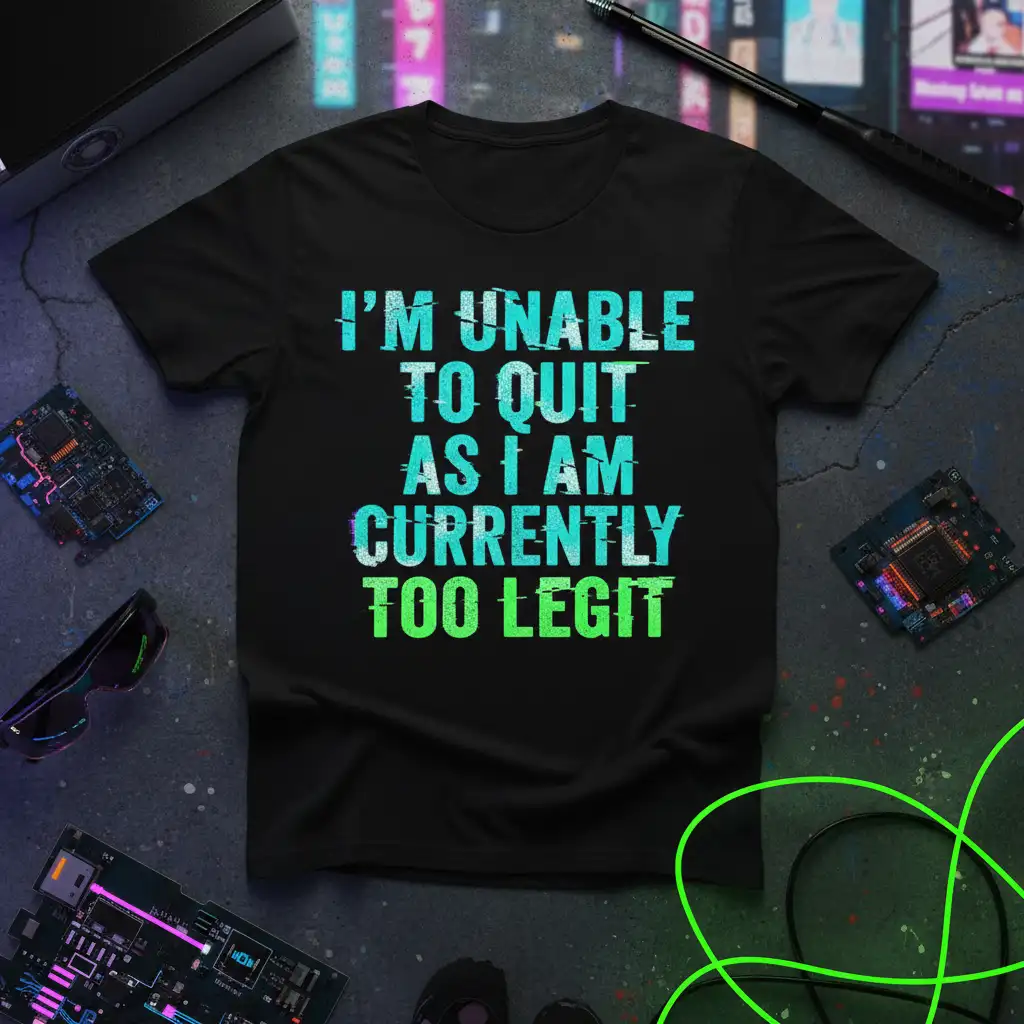 I'm Unable To Quit As I Am Currently Too Legit quote in glitch art style on a black t-shirt